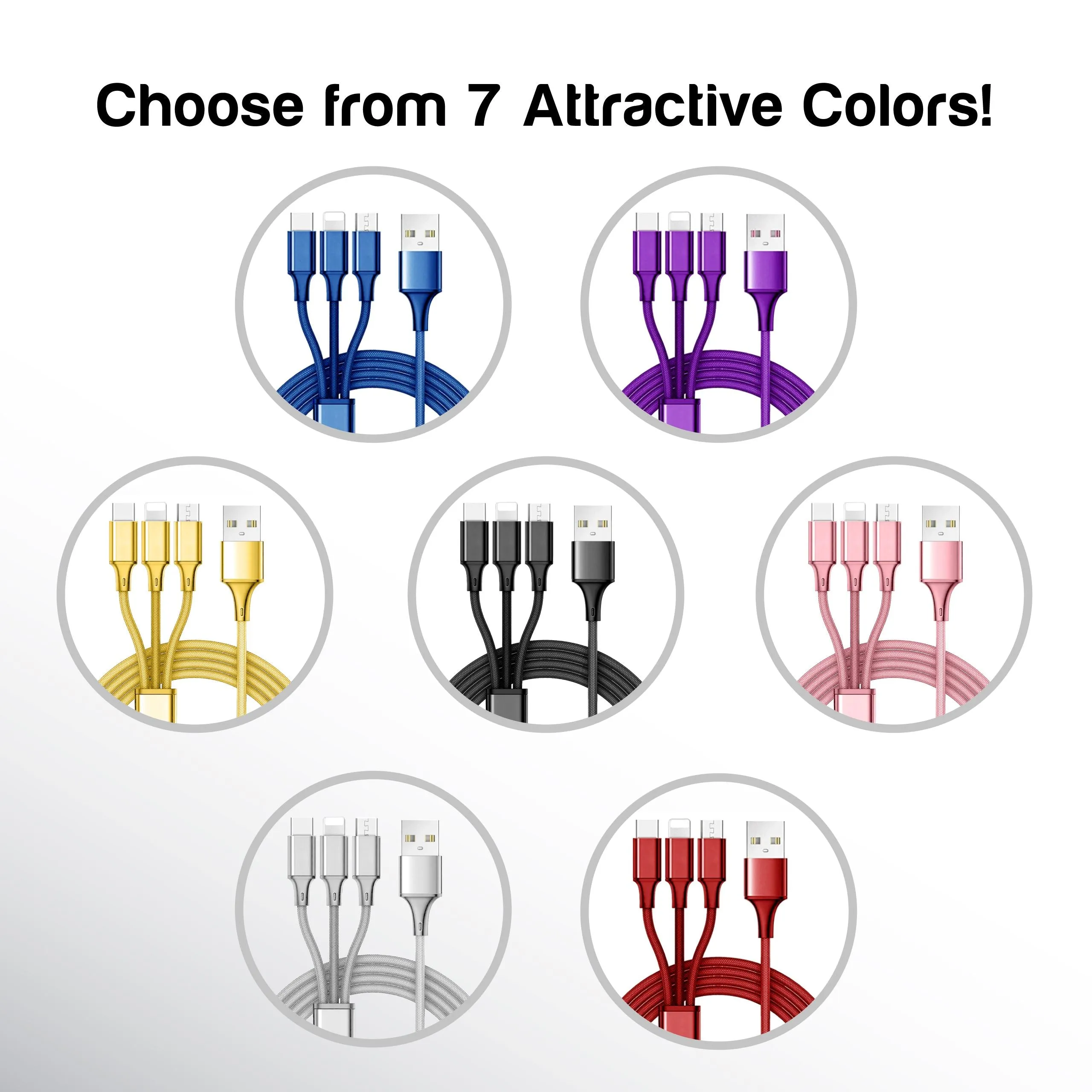 10 Foot 3-in-1 Universal Charging Cable - 60 Piece Display Bundle
