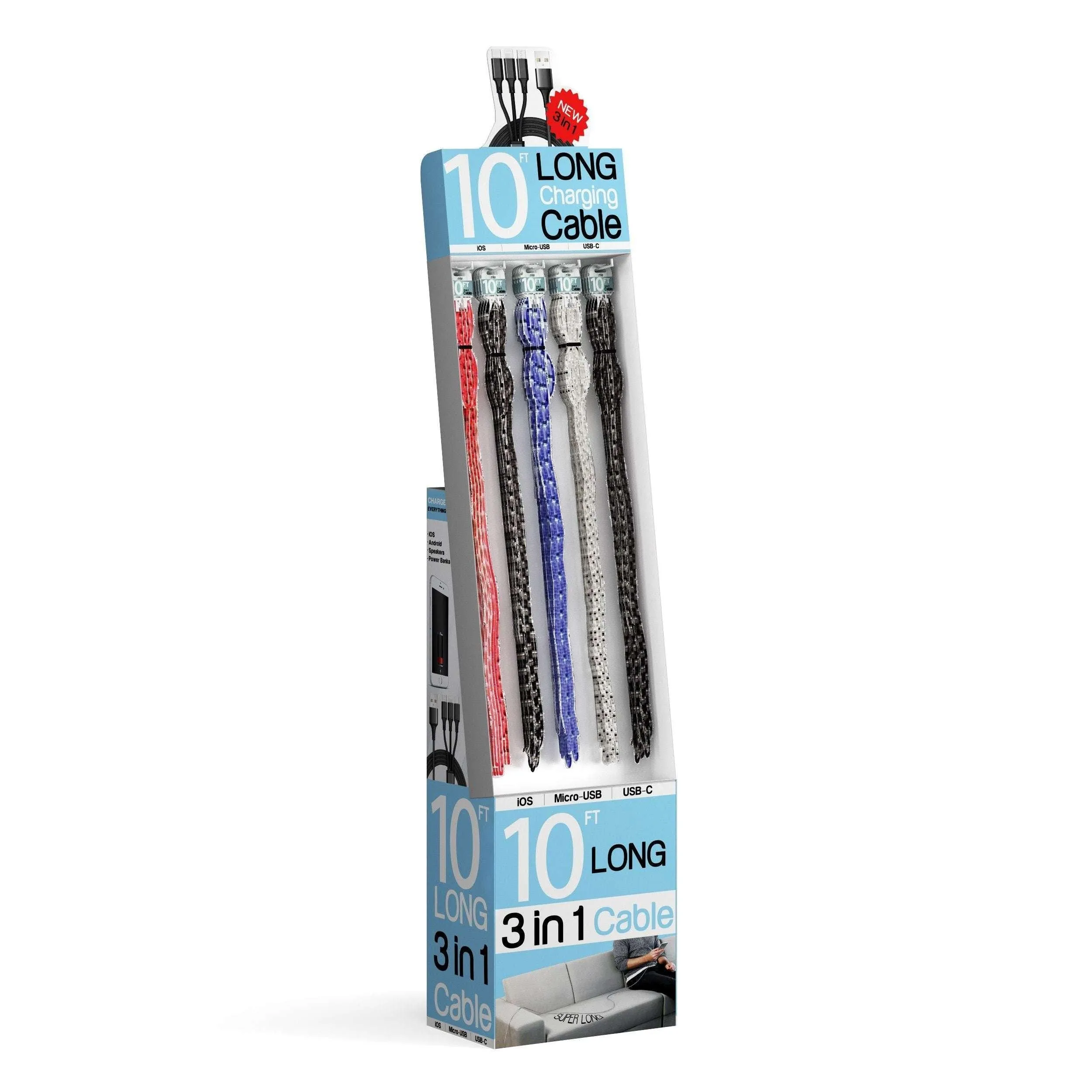 10 Foot 3-in-1 Universal Charging Cable - 60 Piece Display Bundle