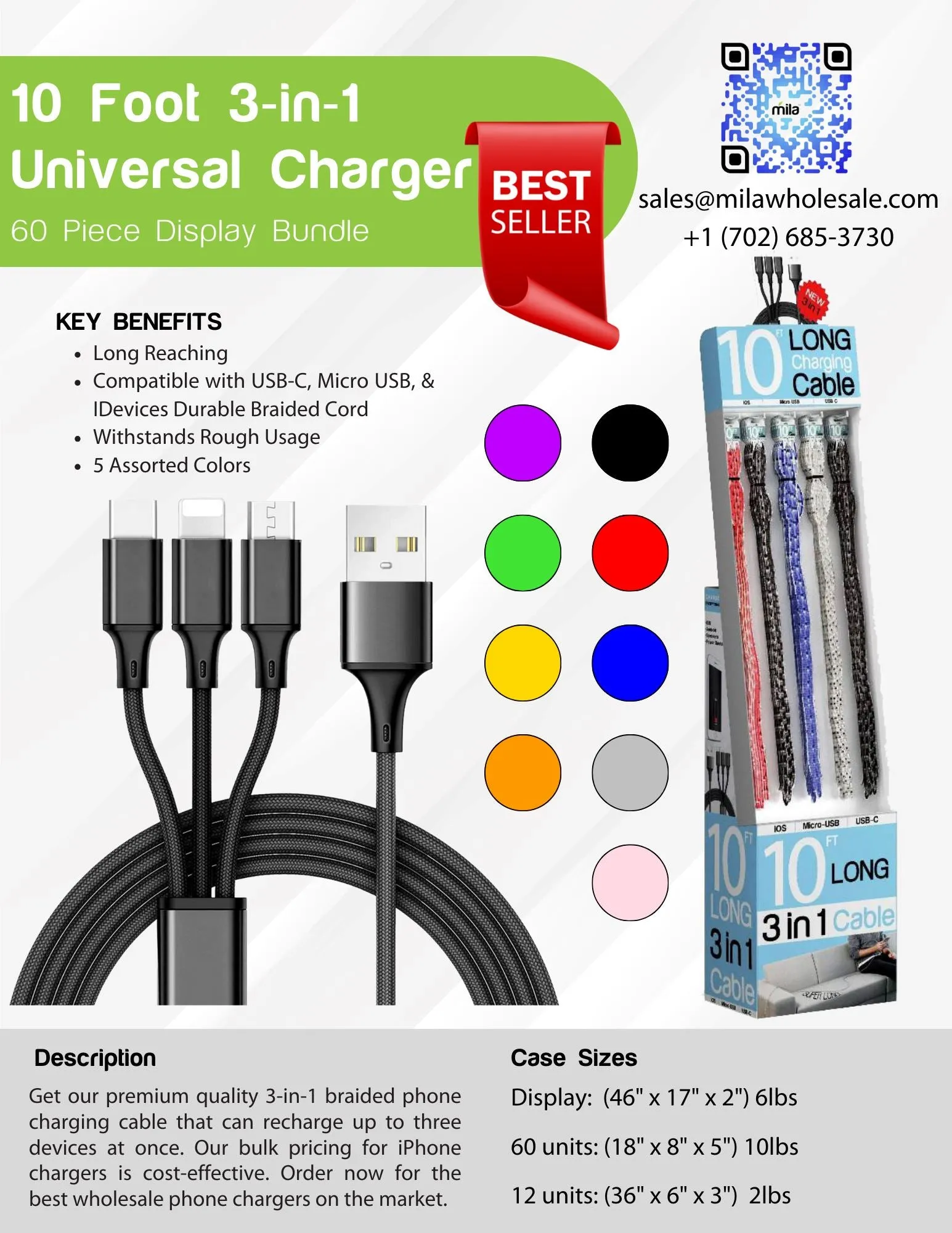 10 Foot 3-in-1 Universal Charging Cable - 60 Piece Display Bundle