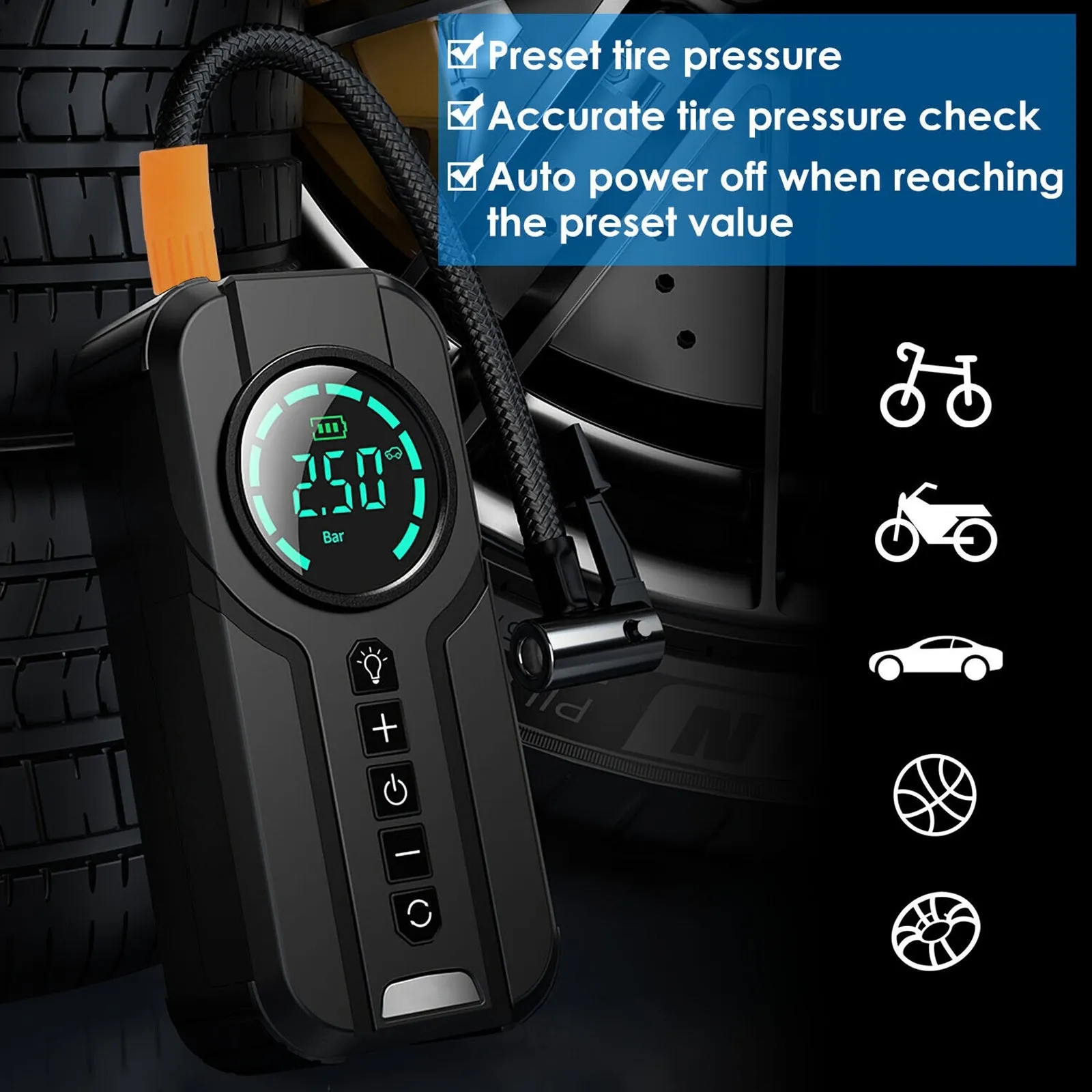 150PSI Tire Inflator Air Compressor LCD Display Cordless Easy