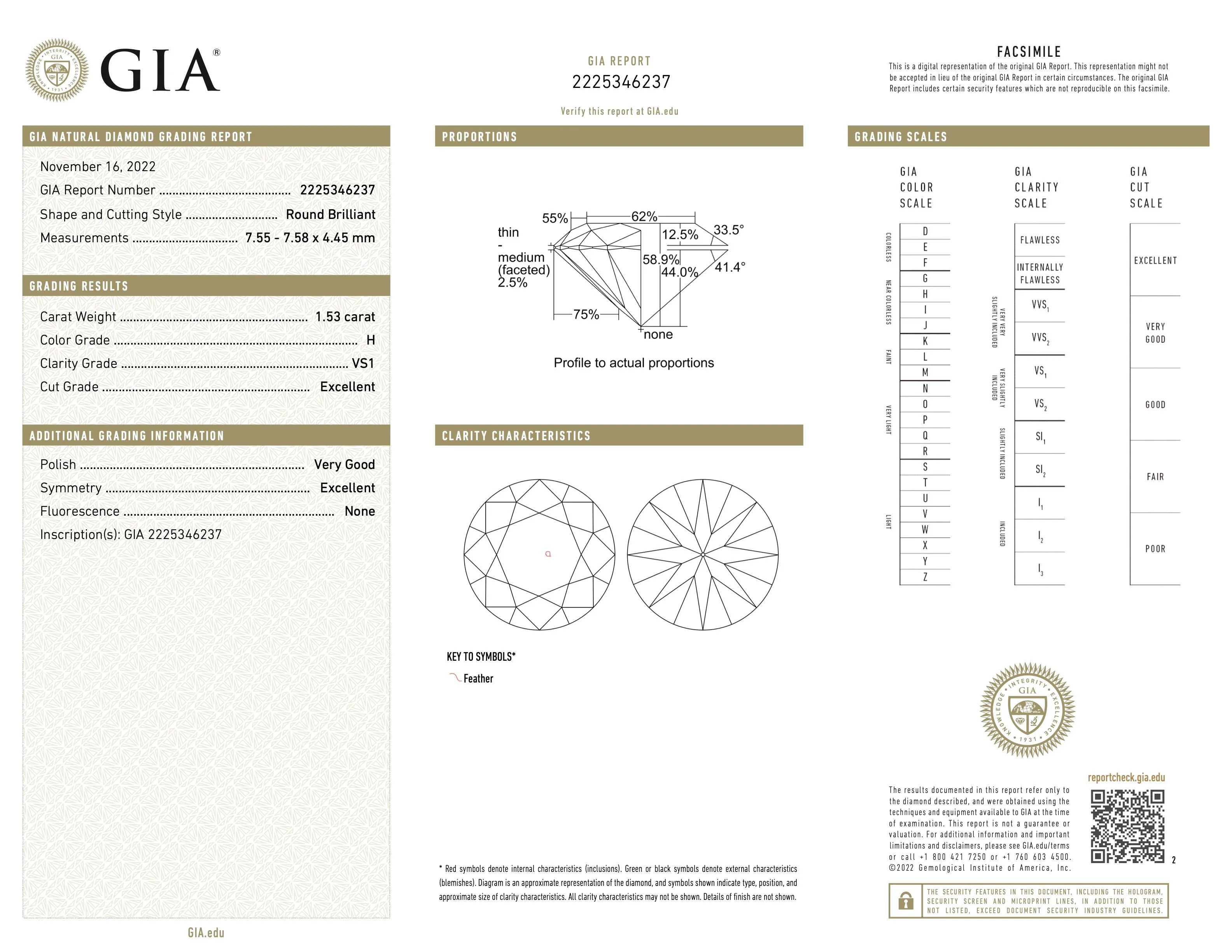 1.53 Carat H/VS1 Round Brilliant-cut Diamond, in a Platinum Band
