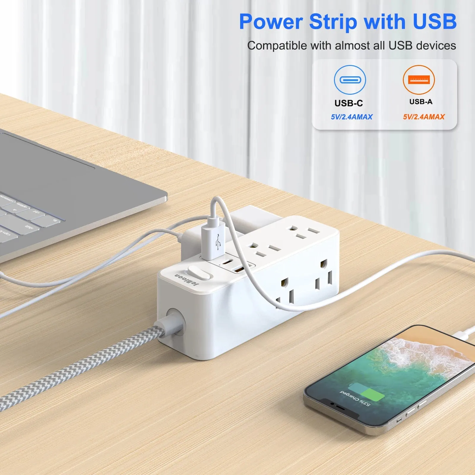 1.5m Braided Cable Electrical Socket Smart USB  Multitap Power Strip
