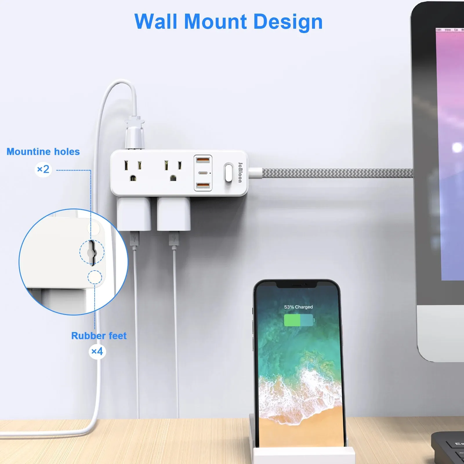 1.5m Braided Cable Electrical Socket Smart USB  Multitap Power Strip