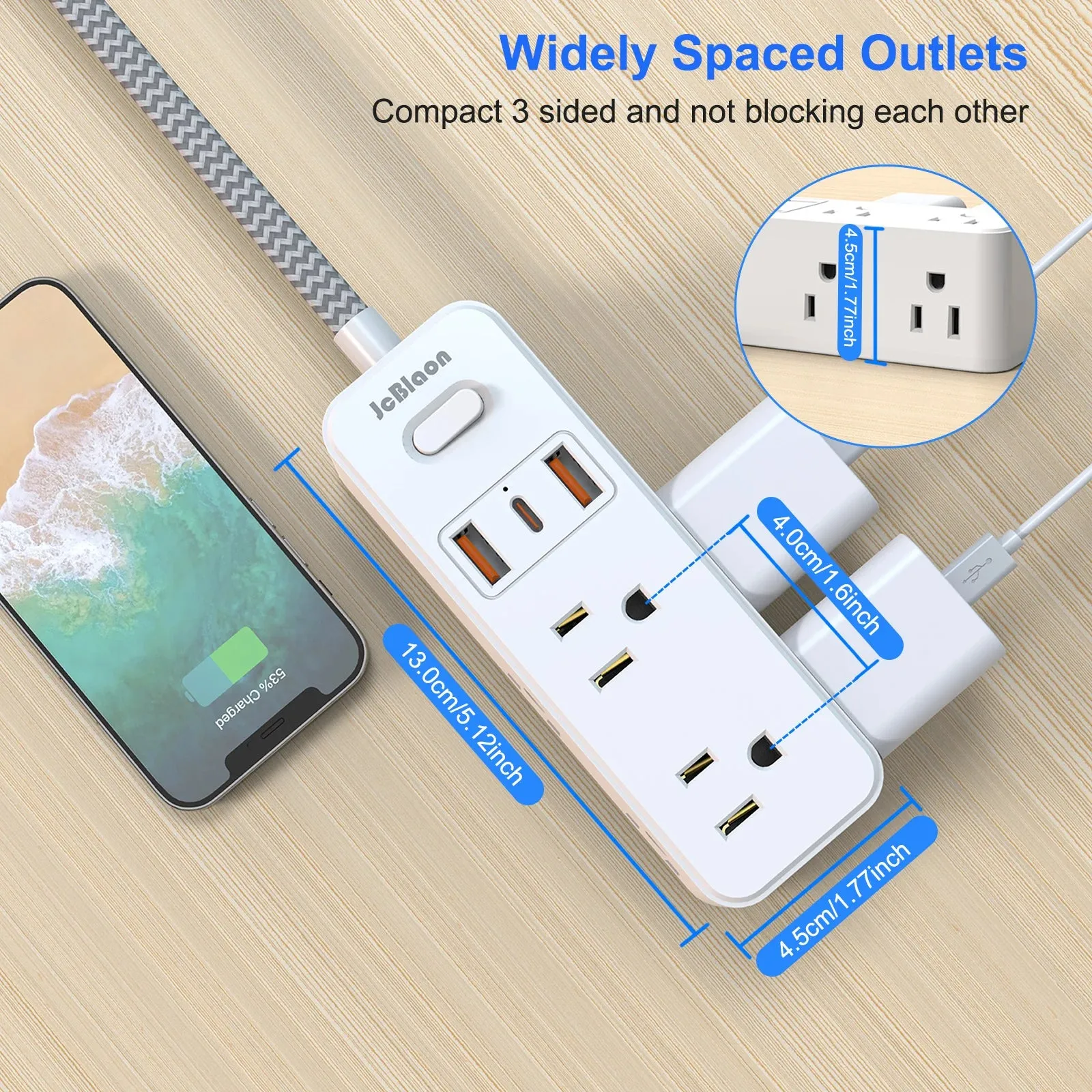 1.5m Braided Cable Electrical Socket Smart USB  Multitap Power Strip