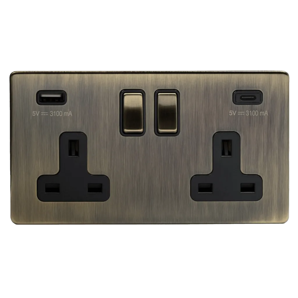 2 Gang 13A Plug Socket with USB A C Aged Brass
