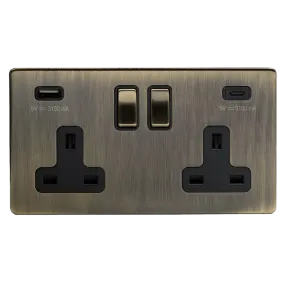2 Gang 13A Plug Socket with USB A C Aged Brass