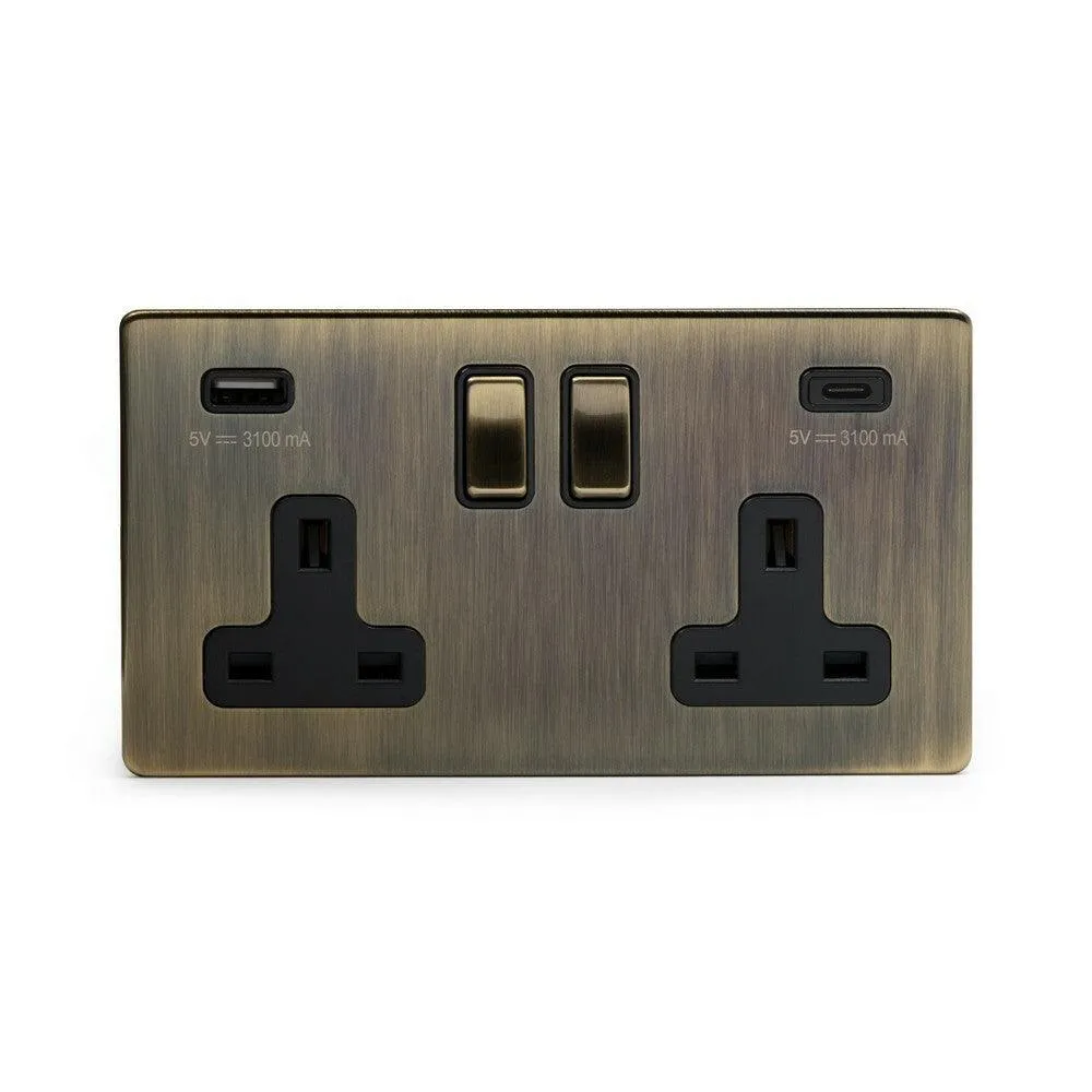 2 Gang 13A Plug Socket with USB A C Aged Brass