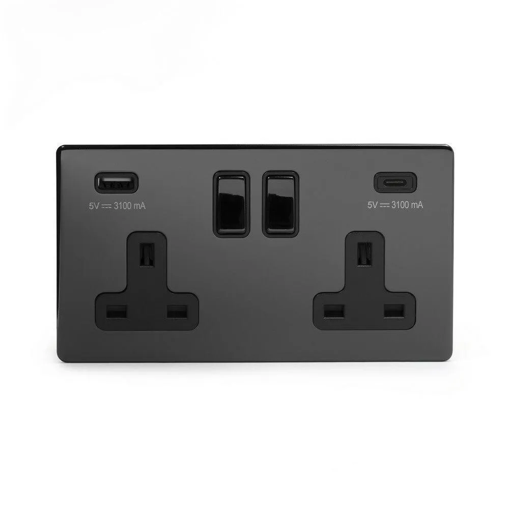 2 Gang 13A Plug Socket with USB A C Black Nickel