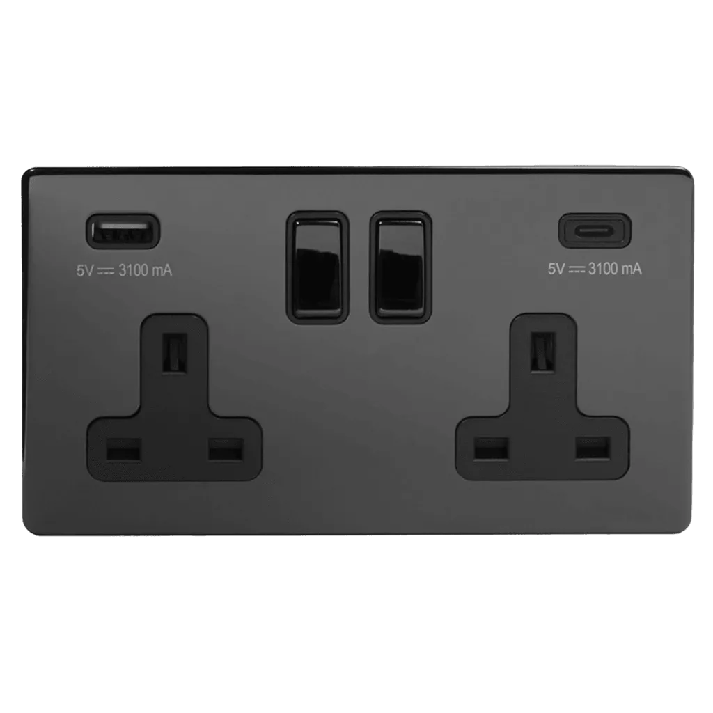 2 Gang 13A Plug Socket with USB A C Black Nickel