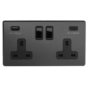 2 Gang 13A Plug Socket with USB A C Black Nickel