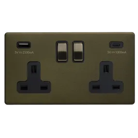 2 Gang 13A Plug Socket with USB A C Bronze