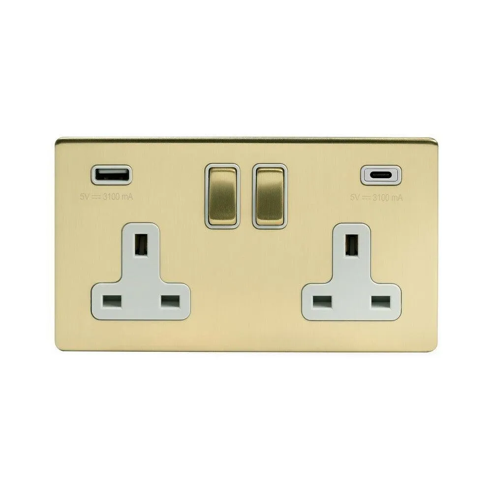 2 Gang 13A Plug Socket with USB A C Brushed Brass