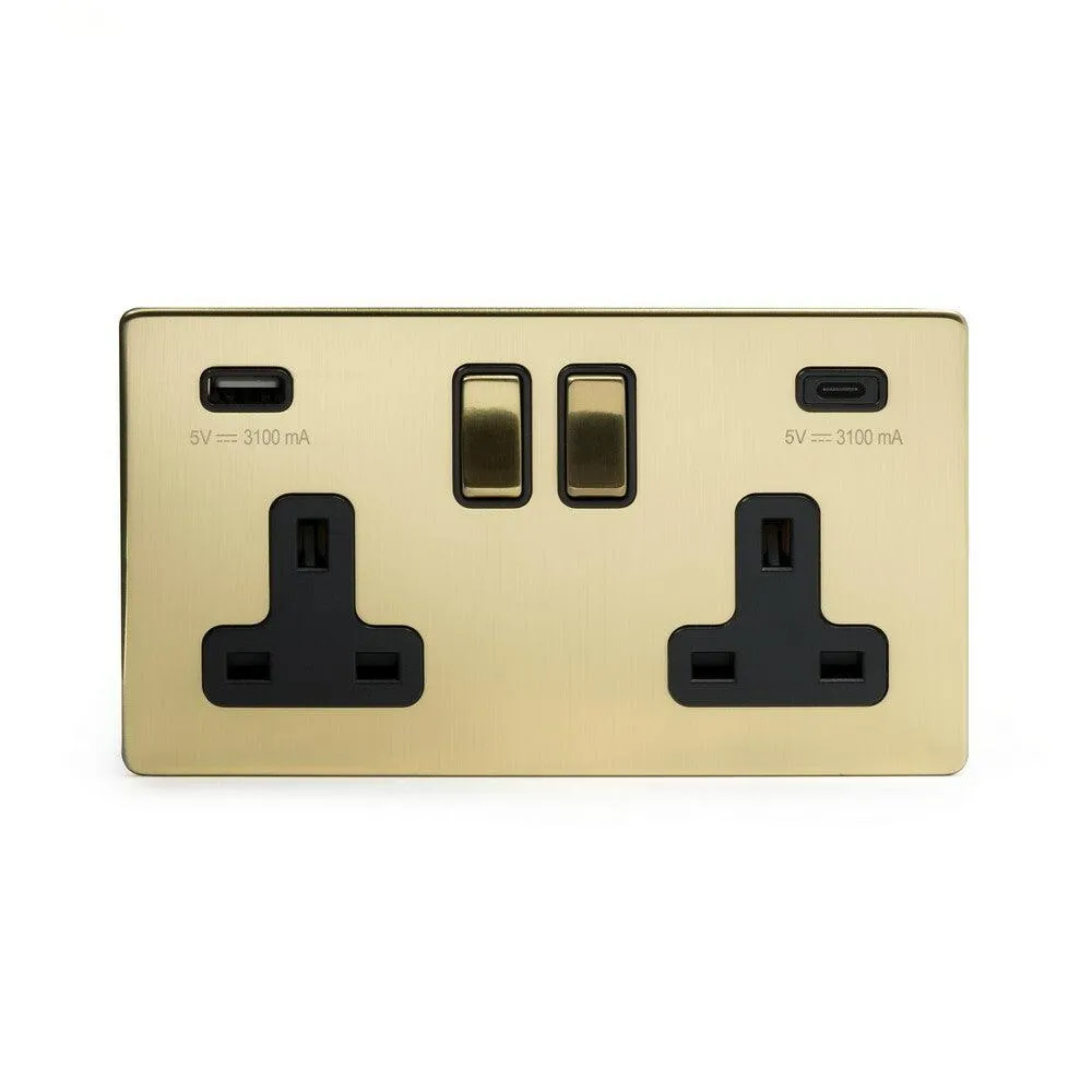 2 Gang 13A Plug Socket with USB A C Brushed Brass