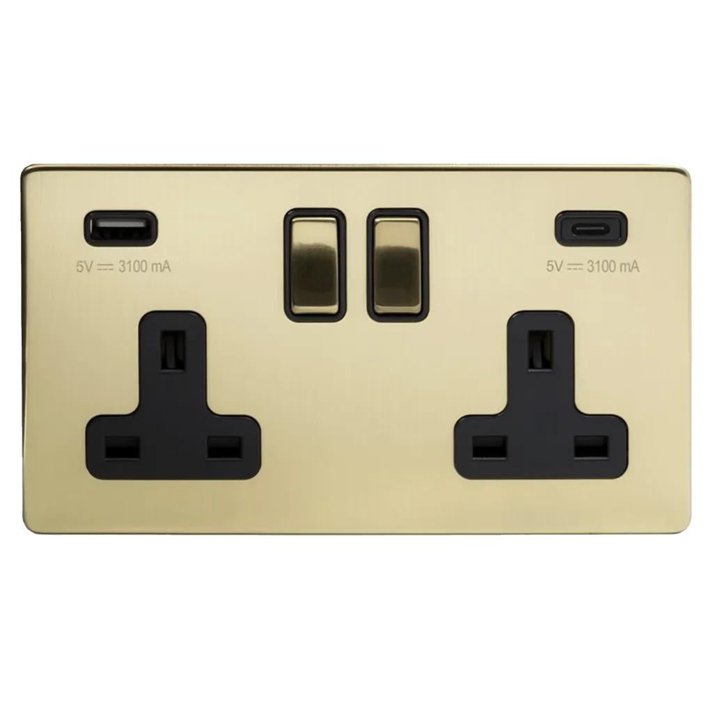 2 Gang 13A Plug Socket with USB A C Brushed Brass