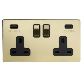 2 Gang 13A Plug Socket with USB A C Brushed Brass
