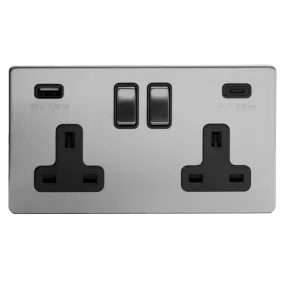 2 Gang 13A Plug Socket with USB A C Brushed Chrome