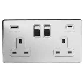 2 Gang 13A Plug Socket with USB A C Polished Chrome