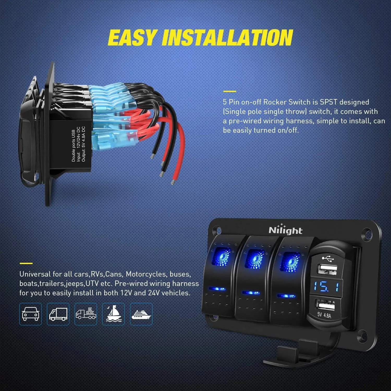 3Gang Aluminum 5Pin ON/Off Blue Rocker Switch Panel w/ 4.8 Amp Dual USB Charger Voltmeter