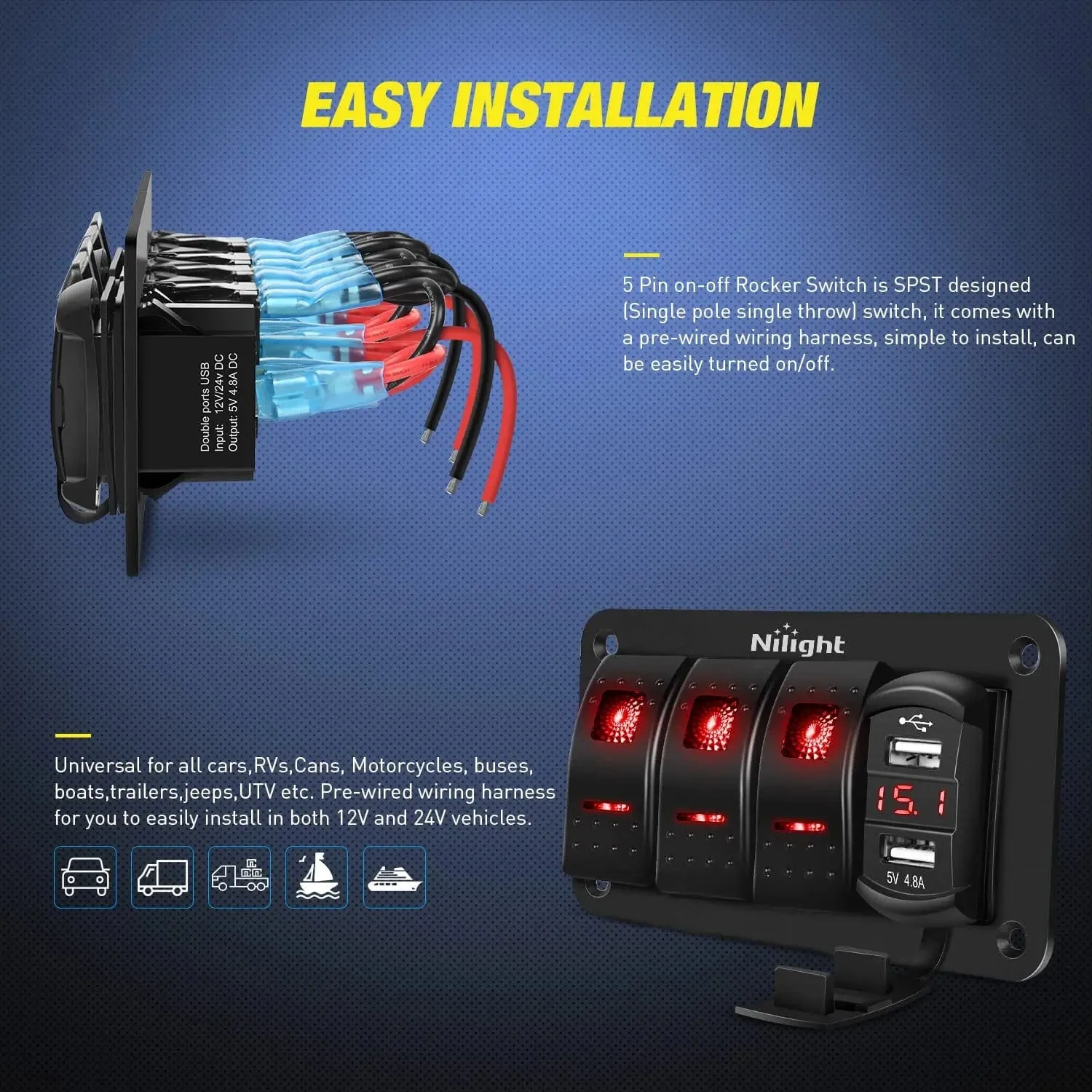 3Gang Aluminum 5Pin ON/Off Red Rocker Switch Panel w/ 4.8 Amp Dual USB Charger Voltmeter