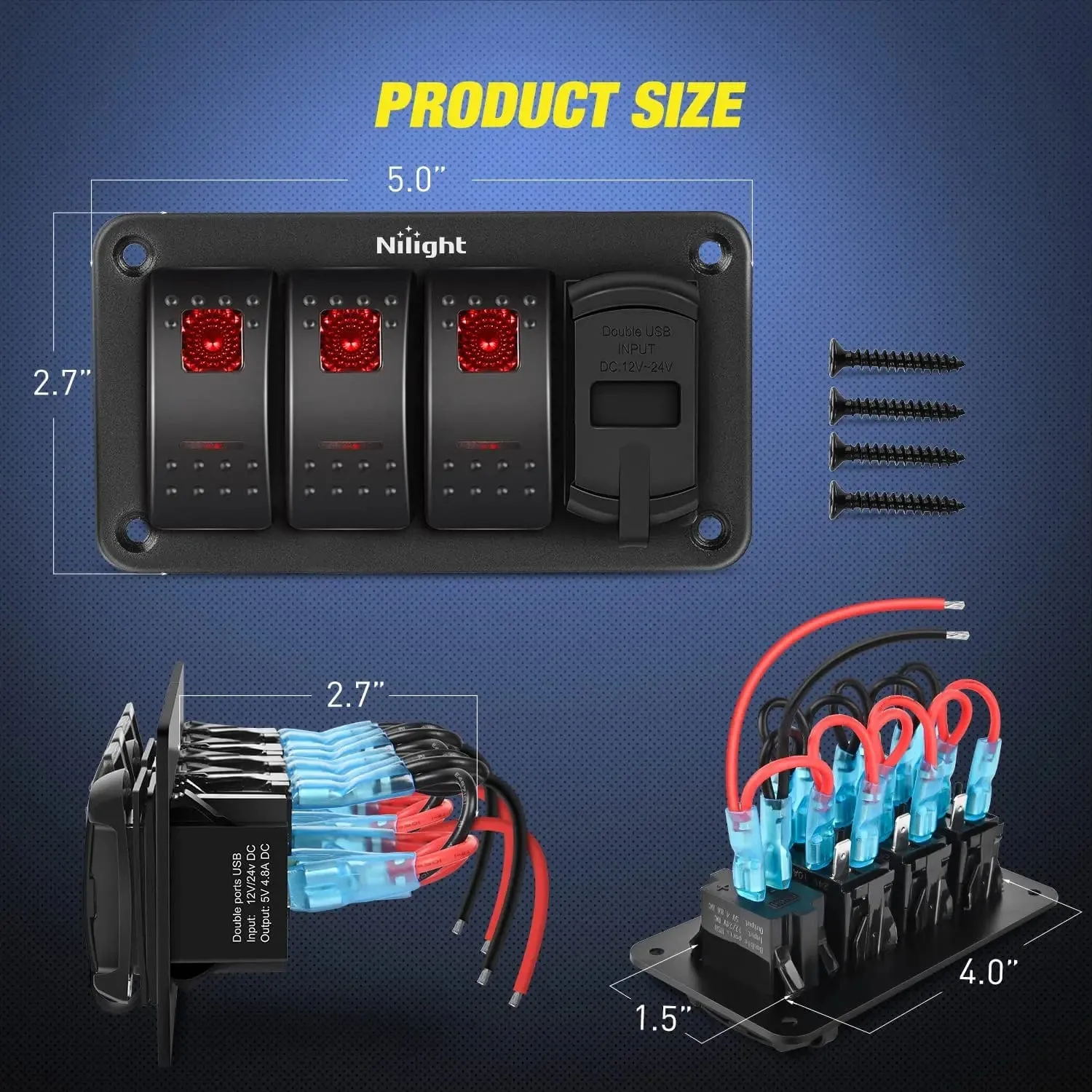 3Gang Aluminum 5Pin ON/Off Red Rocker Switch Panel w/ 4.8 Amp Dual USB Charger Voltmeter