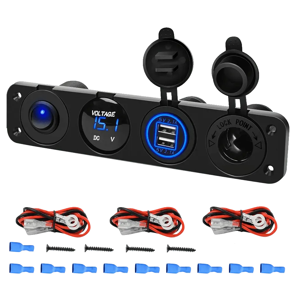 4 in 1 ON/OFF Blue Charger Socket Panel w/ Dual USB Voltmeter Cigarette