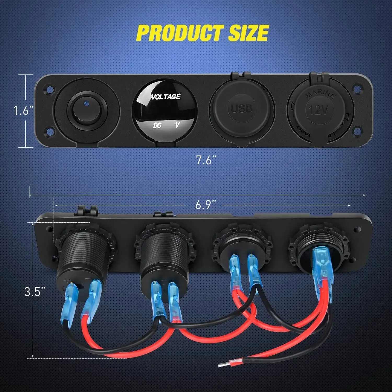 4 in 1 ON/OFF Blue Charger Socket Panel w/ PD Type C QC 3.0 USB Voltmeter Cigarette