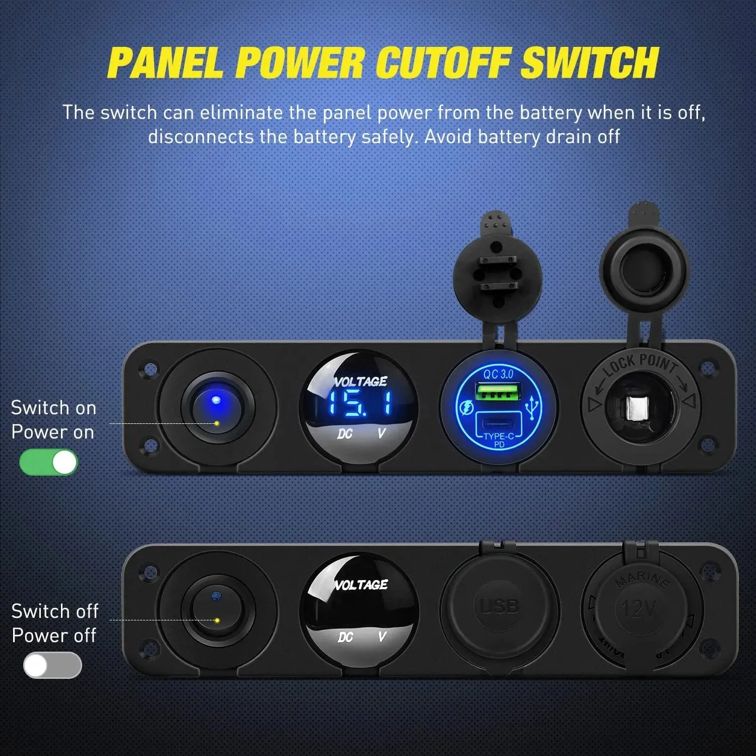 4 in 1 ON/OFF Blue Charger Socket Panel w/ PD Type C QC 3.0 USB Voltmeter Cigarette
