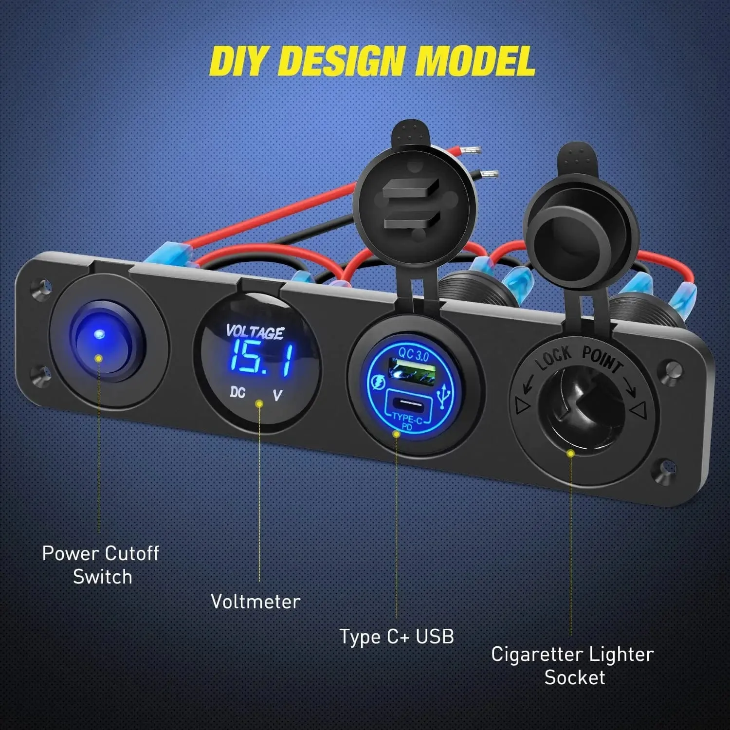 4 in 1 ON/OFF Blue Charger Socket Panel w/ PD Type C QC 3.0 USB Voltmeter Cigarette