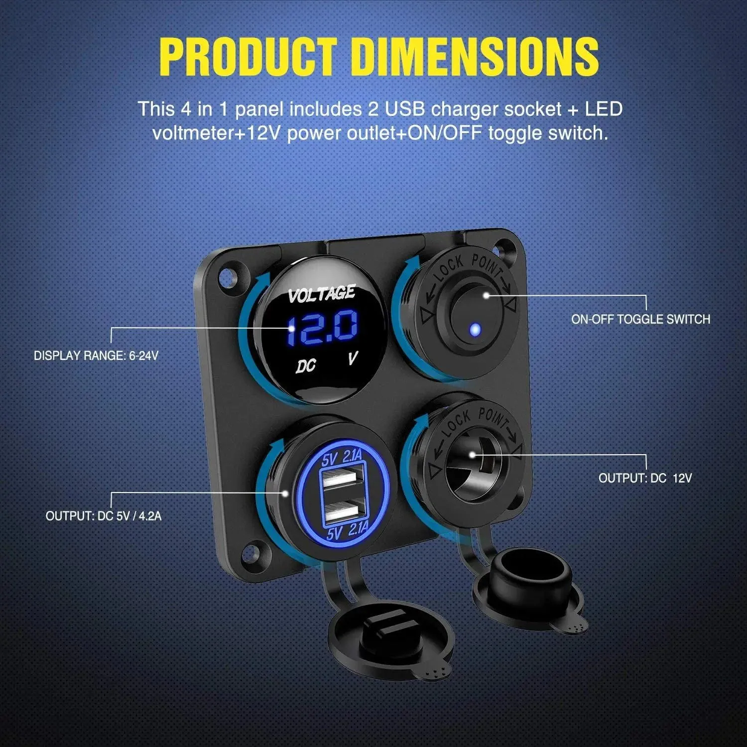 4 in 1 ON/OFF Charger Socket Panel w/ Dual USB Voltmeter Cigarette