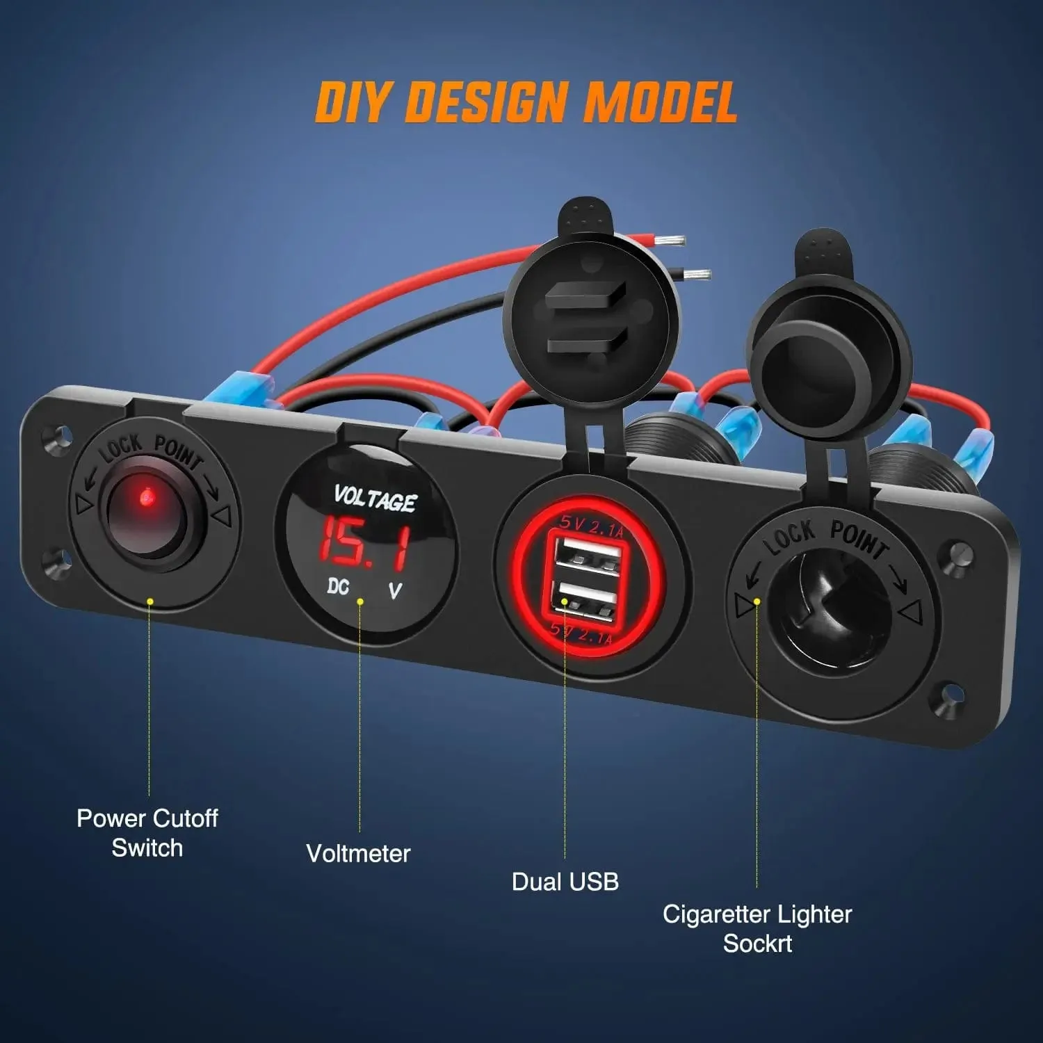 4 in 1 ON/OFF Red Charger Socket Panel w/ Dual USB Voltmeter Cigarette