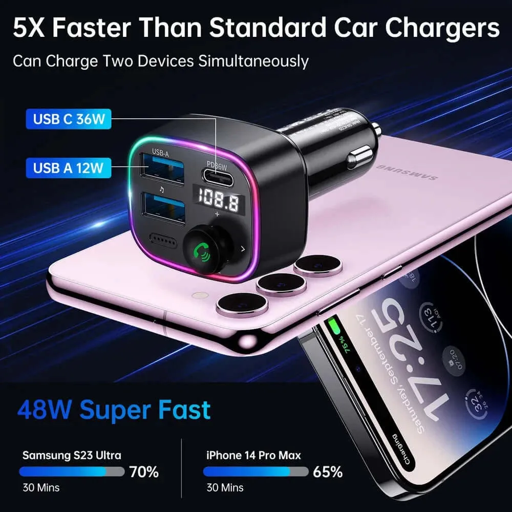 48W Bluetooth 5.3 FM Transmitter Car Charging Adapter