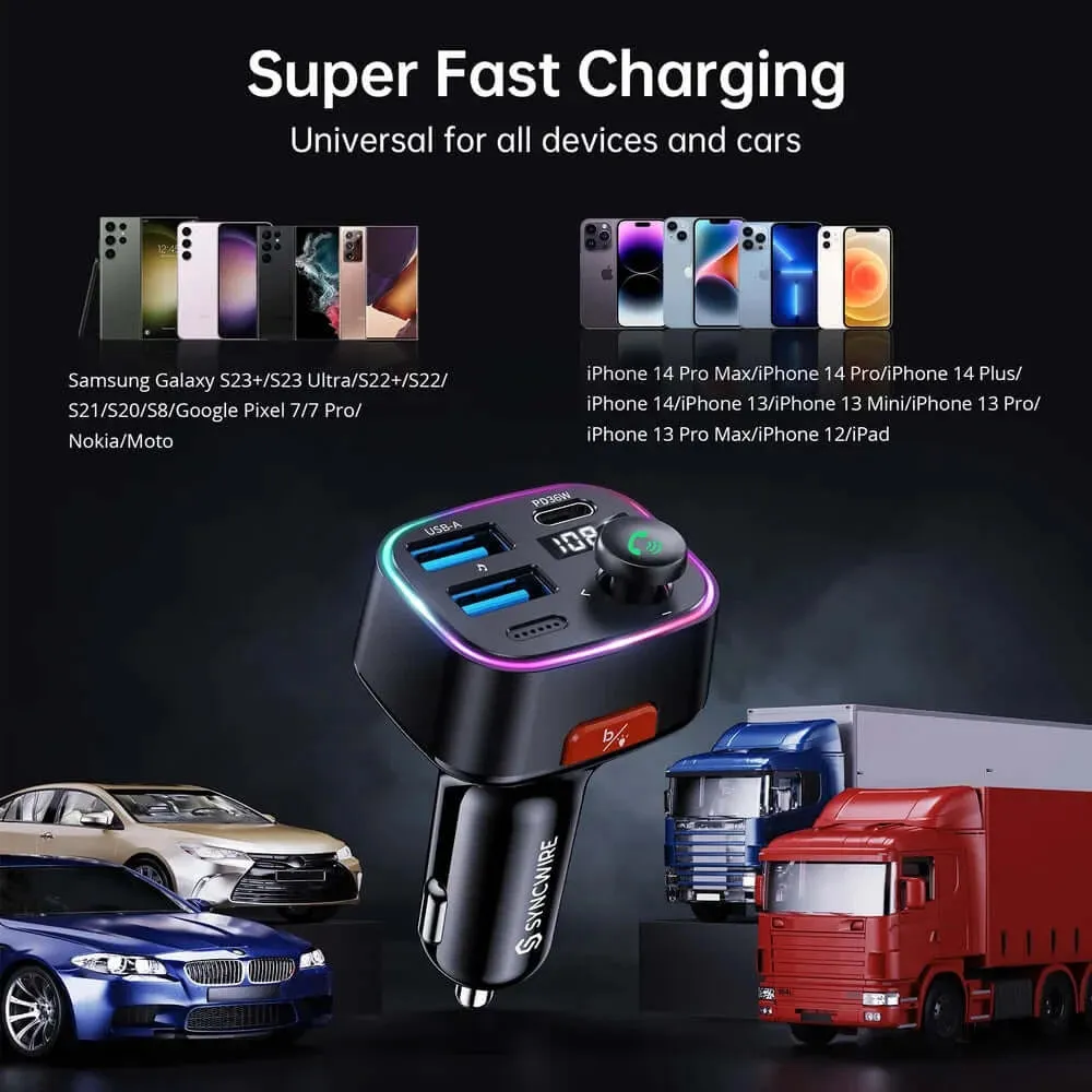 48W Bluetooth 5.3 FM Transmitter Car Charging Adapter