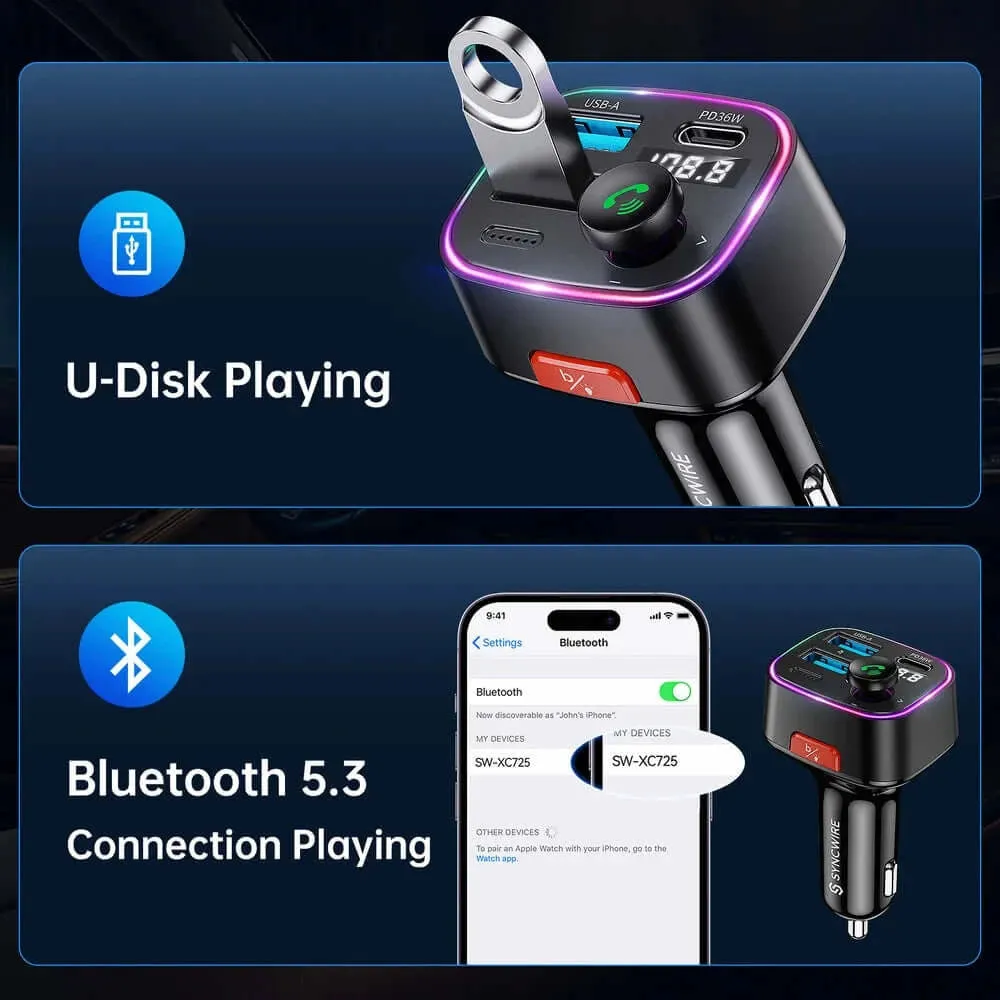 48W Bluetooth 5.3 FM Transmitter Car Charging Adapter