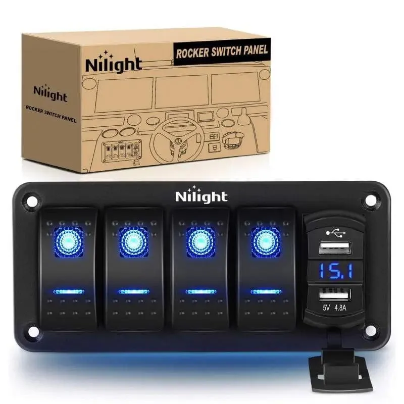 4Gang Aluminum 5Pin ON/Off Blue Rocker Switch Panel w/ 4.8 Amp Dual USB Charger Voltmeter