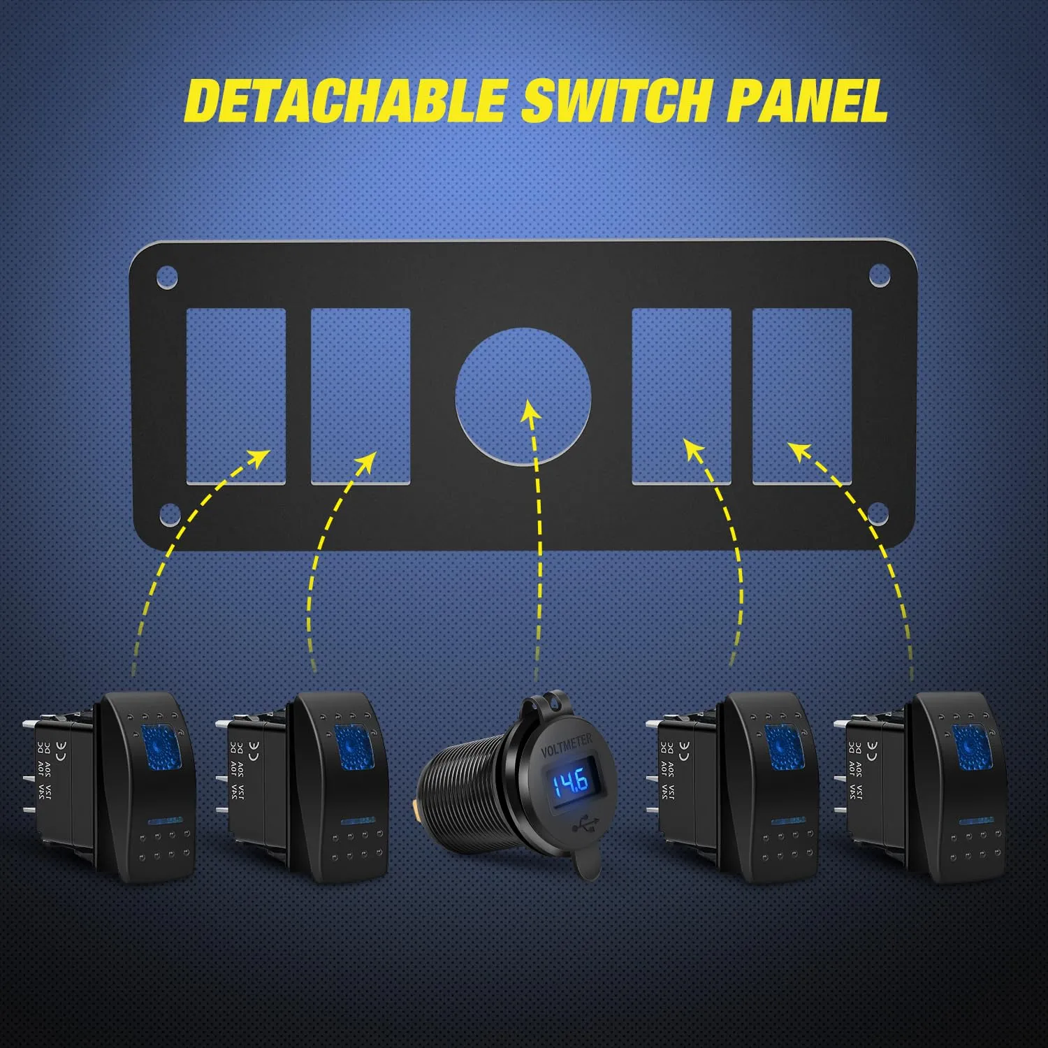 4Gang Aluminum 5Pin ON/Off Blue Rocker Switch Panel w/ PD Type C & QC 3.0 Dual USB Charger Voltmeter