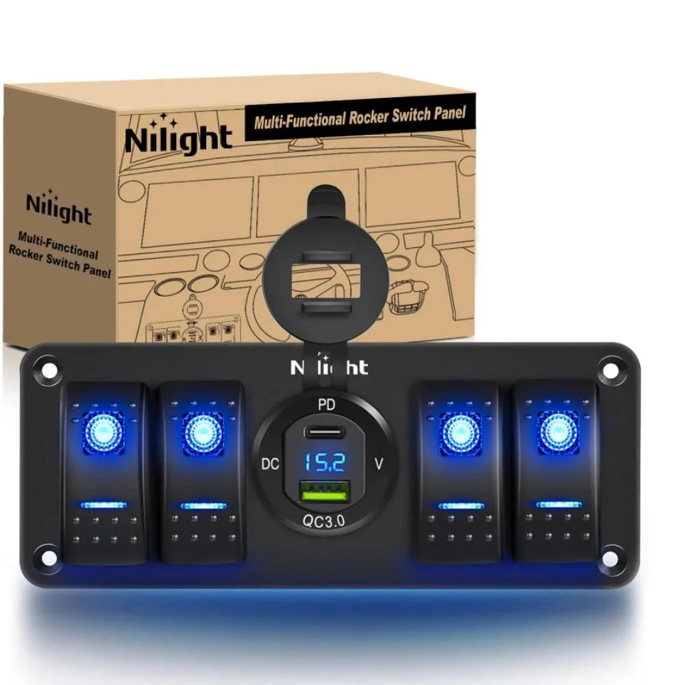 4Gang Aluminum 5Pin ON/Off Blue Rocker Switch Panel w/ PD Type C & QC 3.0 Dual USB Charger Voltmeter
