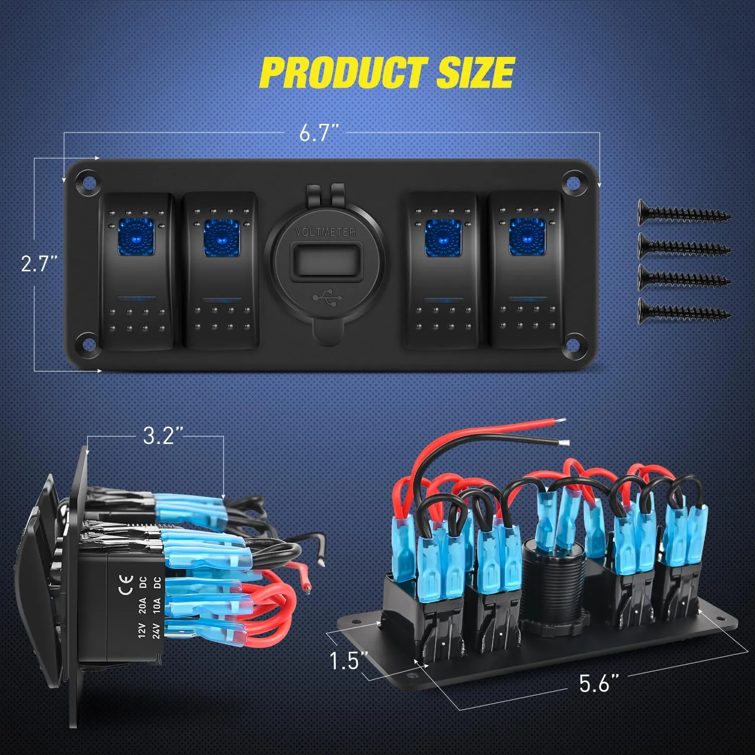 4Gang Aluminum 5Pin ON/Off Blue Rocker Switch Panel w/ PD Type C & QC 3.0 Dual USB Charger Voltmeter