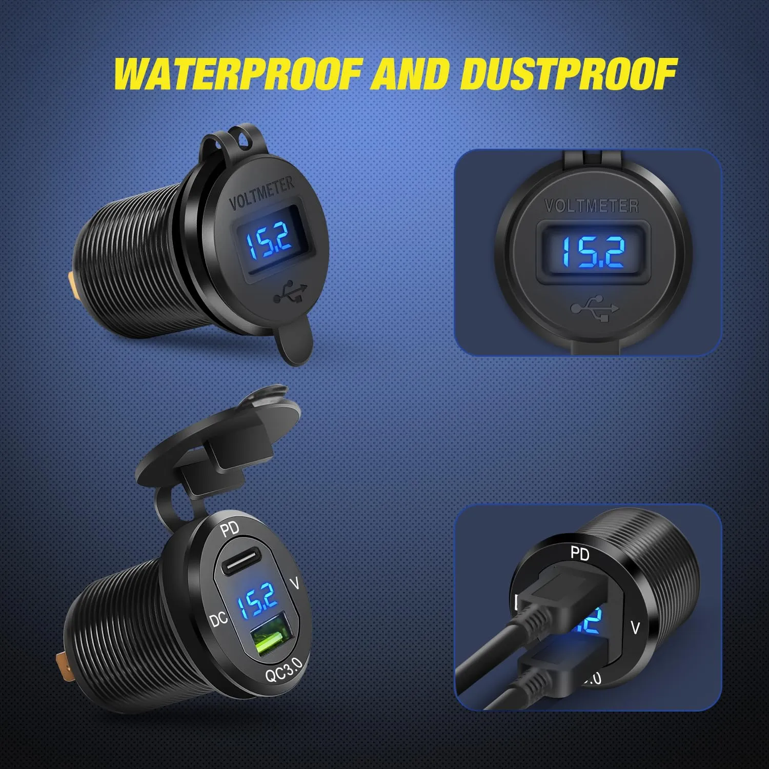 4Gang Aluminum 5Pin ON/Off Blue Rocker Switch Panel w/ PD Type C & QC 3.0 Dual USB Charger Voltmeter