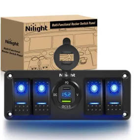 4Gang Aluminum 5Pin ON/Off Blue Rocker Switch Panel w/ PD Type C & QC 3.0 Dual USB Charger Voltmeter