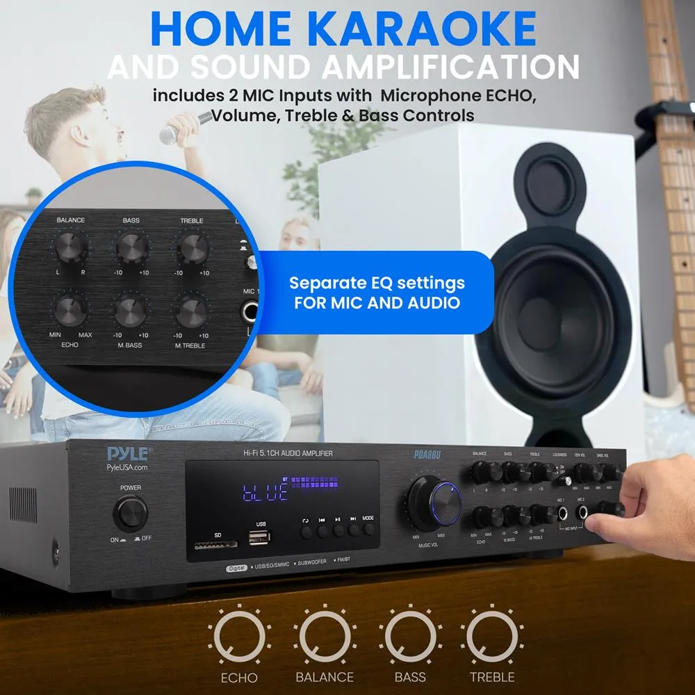 5 Channel Audio Amplifier, Multi-Source 1/4” Audio/Microphone Input Usb/Sd Readers/ Fm Radio, Built-In Bluetooth For Wireless Audio Streaming