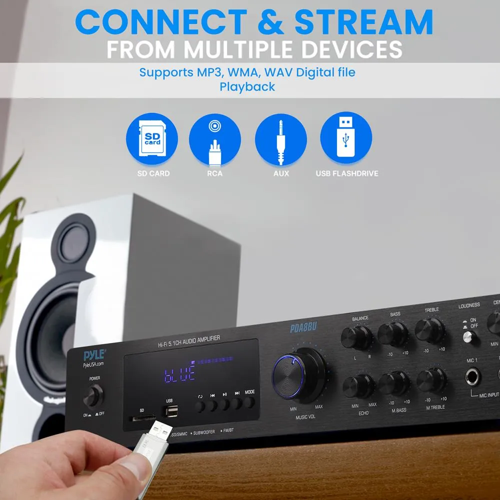 5 Channel Audio Amplifier, Multi-Source 1/4” Audio/Microphone Input Usb/Sd Readers/ Fm Radio, Built-In Bluetooth For Wireless Audio Streaming