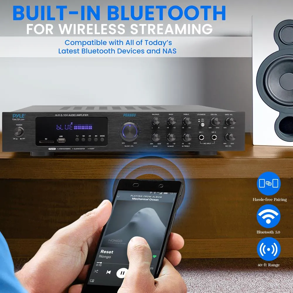 5 Channel Audio Amplifier, Multi-Source 1/4” Audio/Microphone Input Usb/Sd Readers/ Fm Radio, Built-In Bluetooth For Wireless Audio Streaming