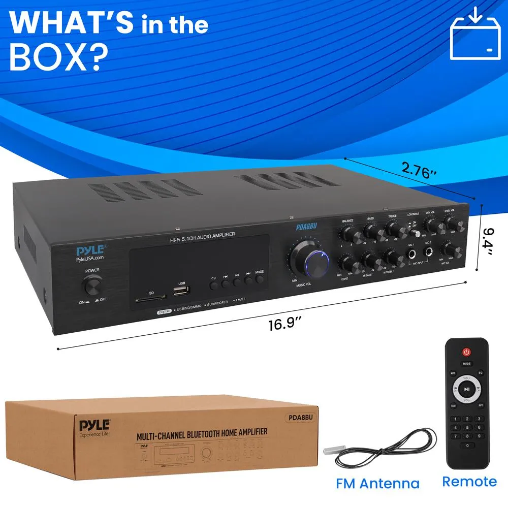 5 Channel Audio Amplifier, Multi-Source 1/4” Audio/Microphone Input Usb/Sd Readers/ Fm Radio, Built-In Bluetooth For Wireless Audio Streaming