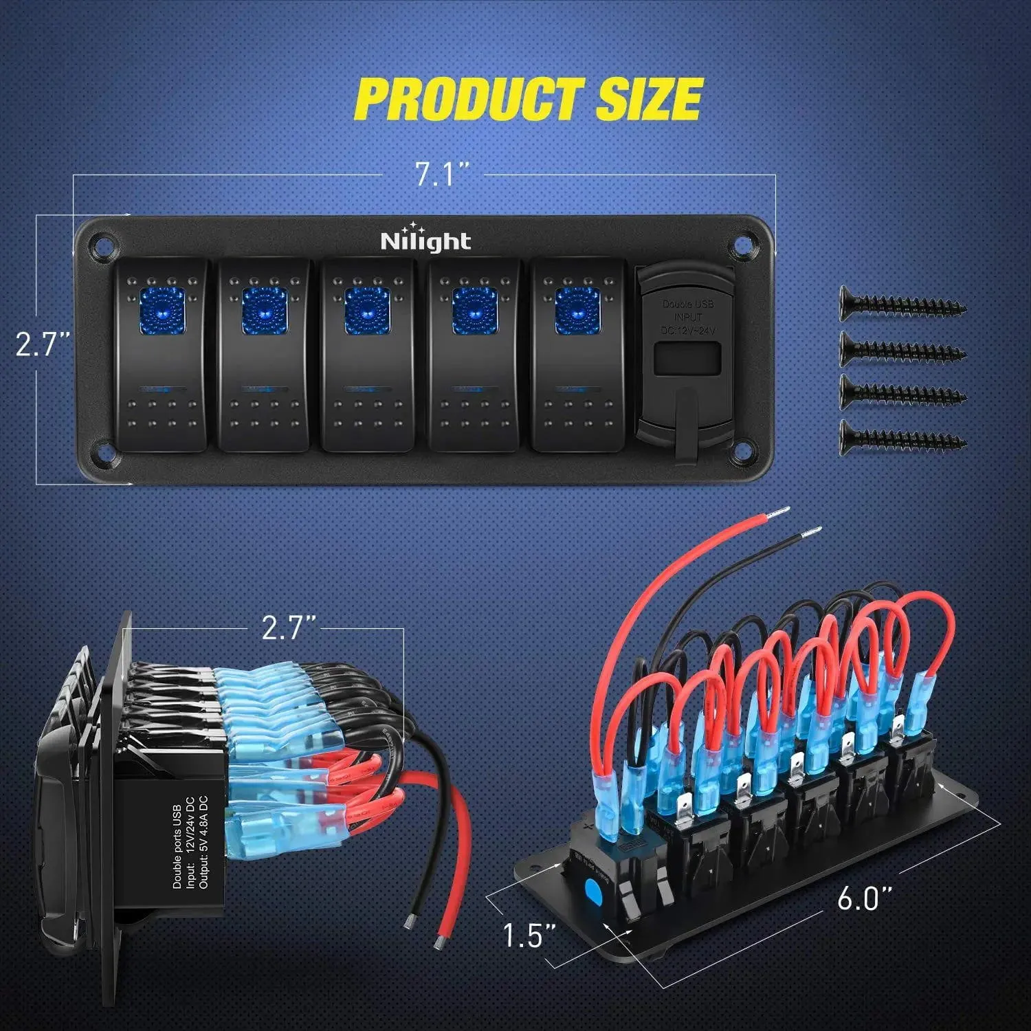 5Gang Aluminum 5Pin ON/Off Blue Rocker Switch Panel w/ 4.8 Amp Dual USB Charger Voltmeter