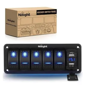 5Gang Aluminum 5Pin ON/Off Blue Rocker Switch Panel w/ 4.8 Amp Dual USB Charger Voltmeter