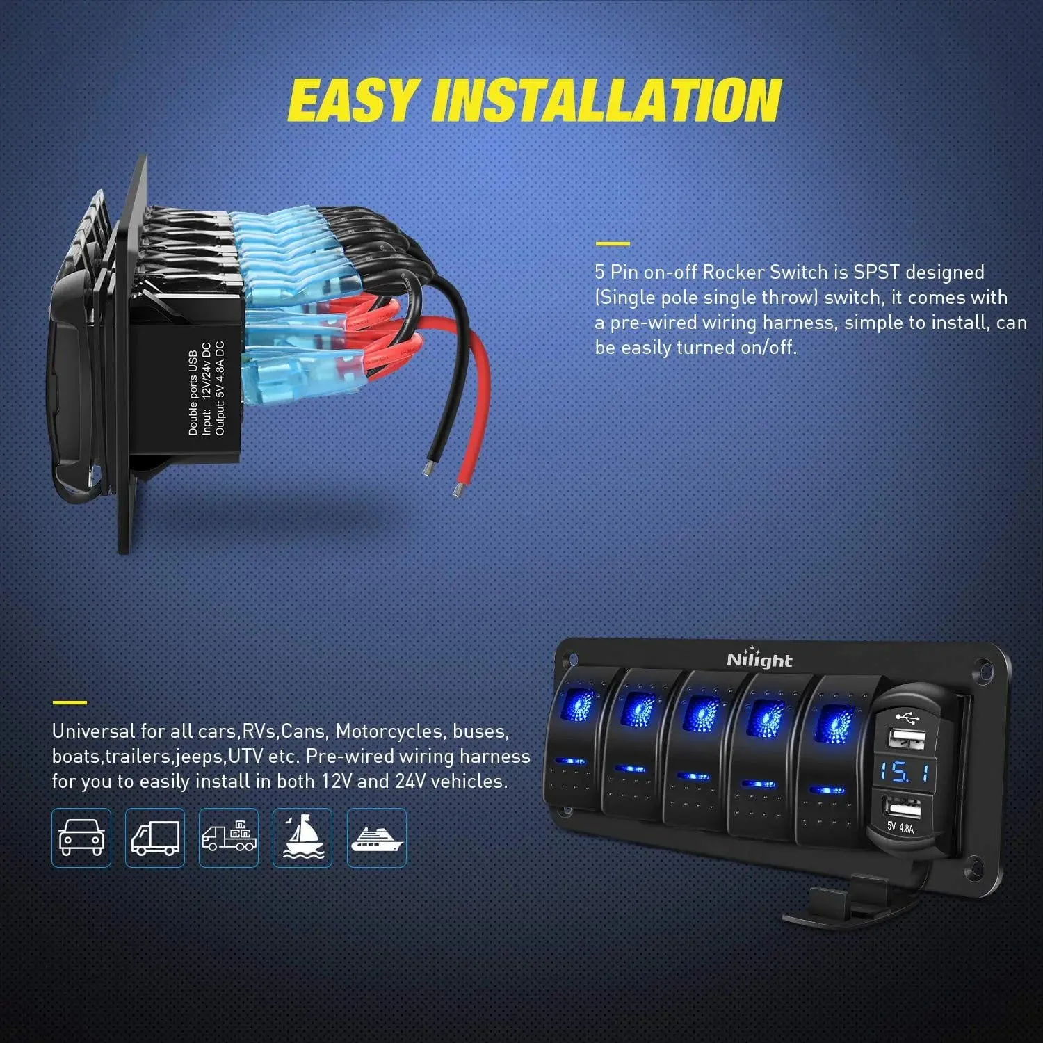 5Gang Aluminum 5Pin ON/Off Blue Rocker Switch Panel w/ 4.8 Amp Dual USB Charger Voltmeter