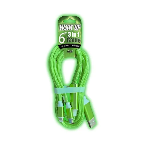 6 foot 3-in-1 Light Up Cable - Pack of 12