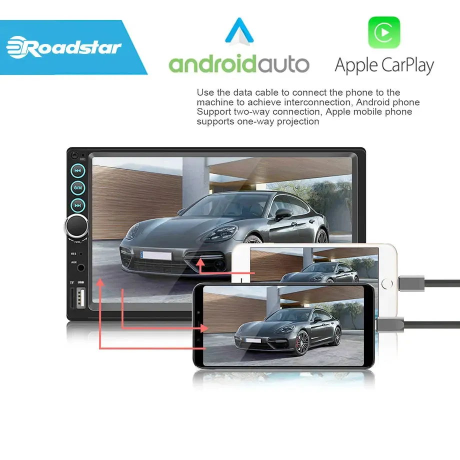 7 Inch Roadstar MP5 Double Din With Apple Carplay & Android Auto   Steering Wheel Control Remote