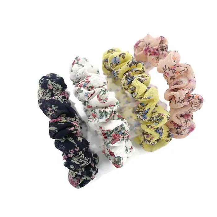 A Pack of 4 Chiffon Floral Mini scrunchies Ponytail Holder elastic hair scrunchy  for Women