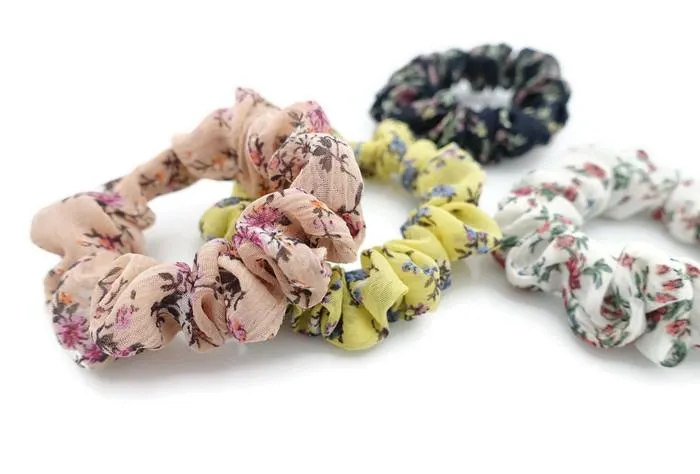 A Pack of 4 Chiffon Floral Mini scrunchies Ponytail Holder elastic hair scrunchy  for Women